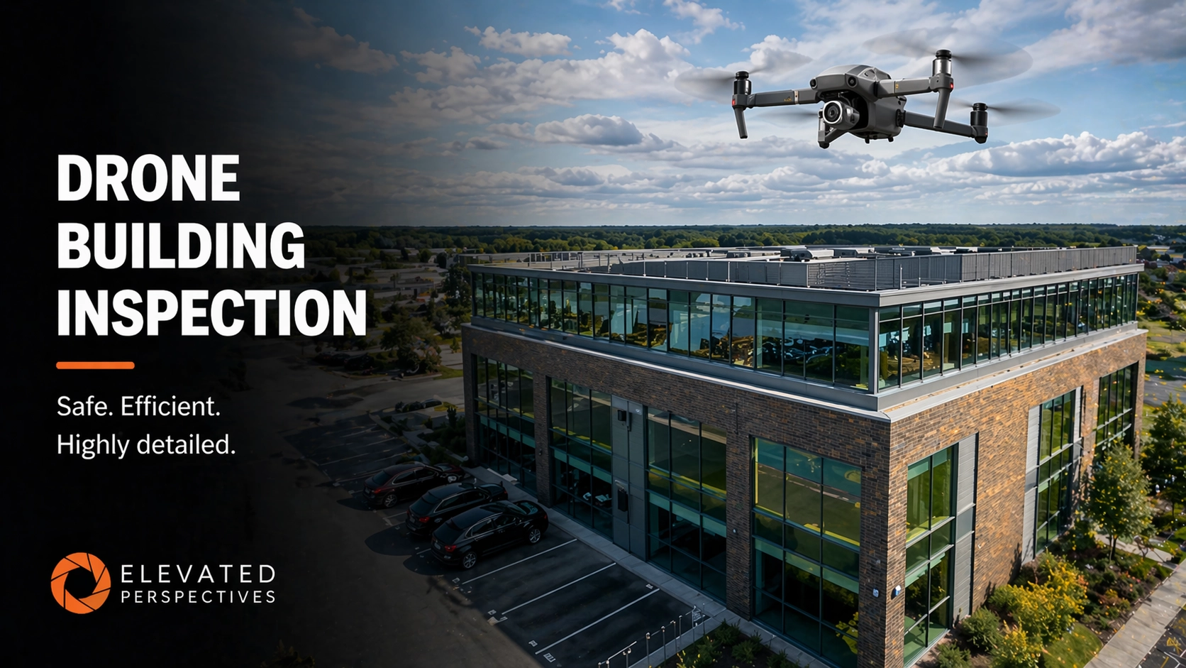 Drone building inspection capturing detailed exterior of commercial property