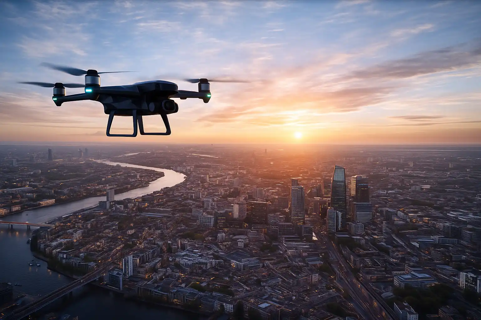 Drone flying over modern cityscape at sunset